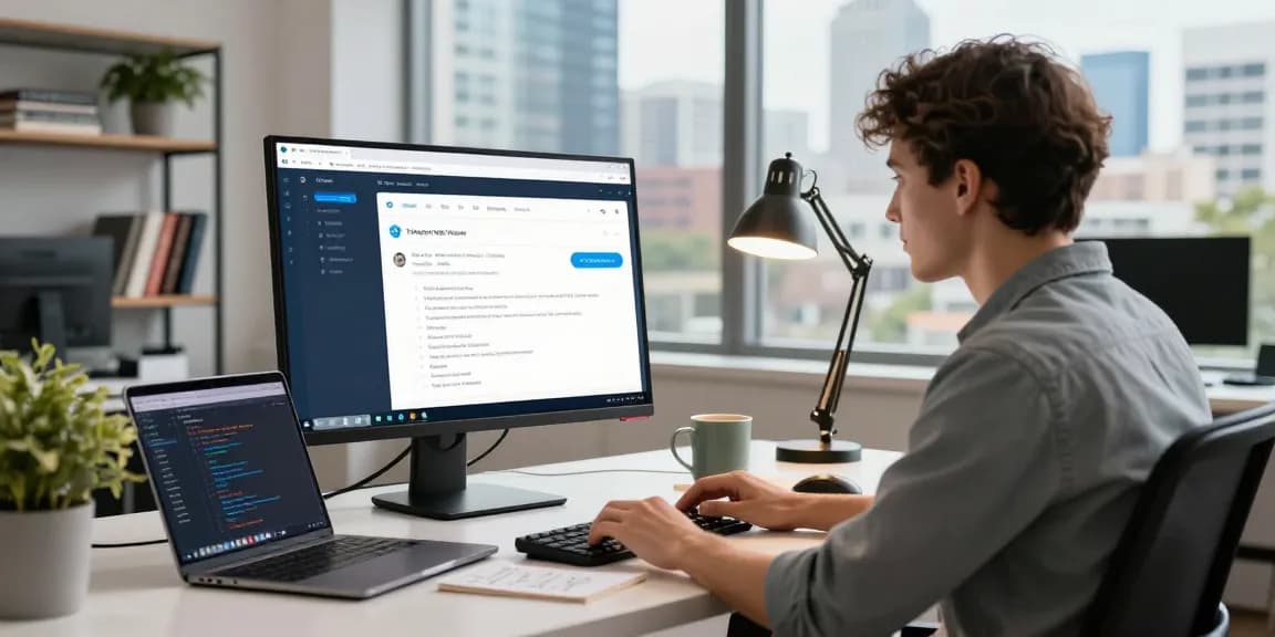 Engaged developer using Telegram Web Version on a dual monitor setup in a modern workspace.