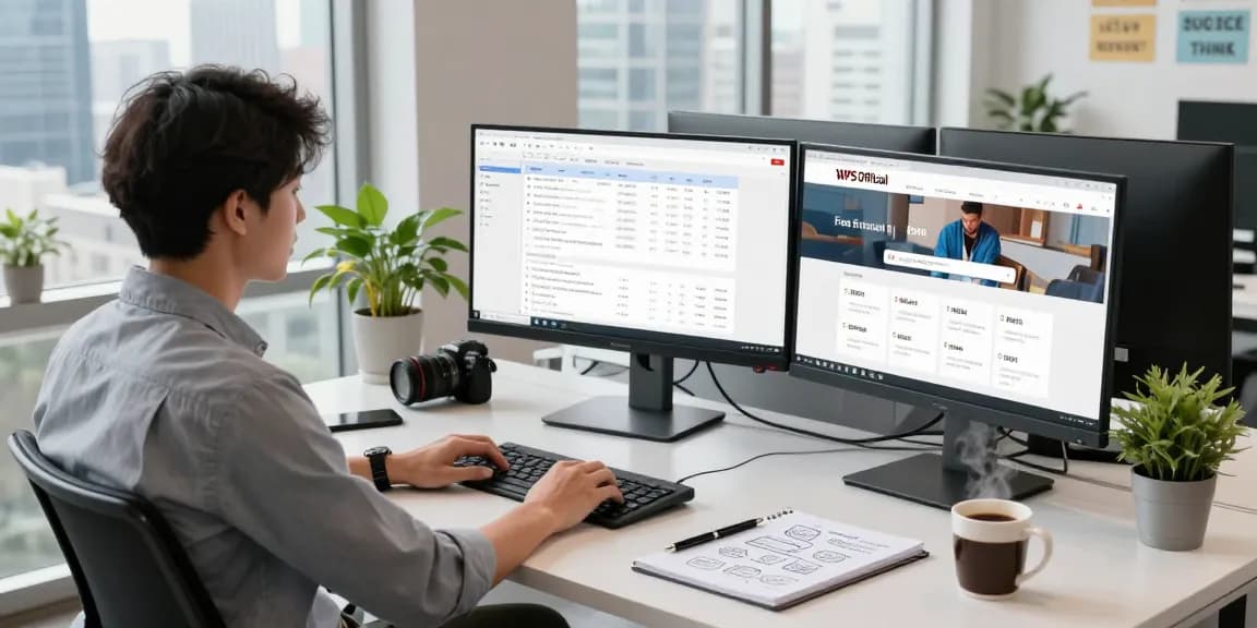 Professional workspace showcasing the WPS Official Website with dual monitors, plants, and a city view.
