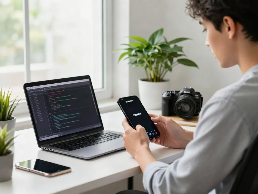 Engaging with ROKOK88 APK on a mobile device in a bright modern office.