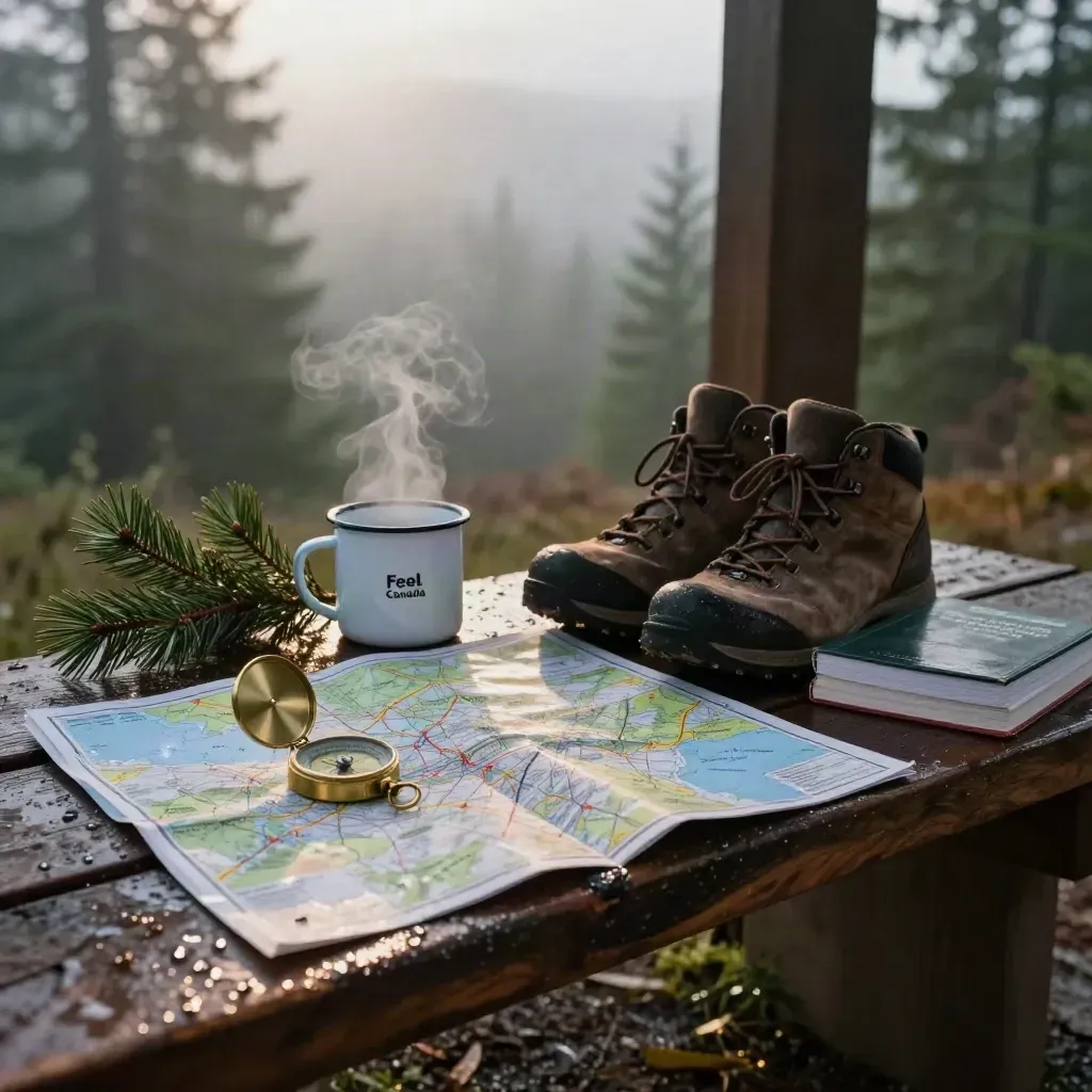 Rain-soaked Canada travel gear on a cedar bench: atlas, compass, mug, boots, pine sprigs.