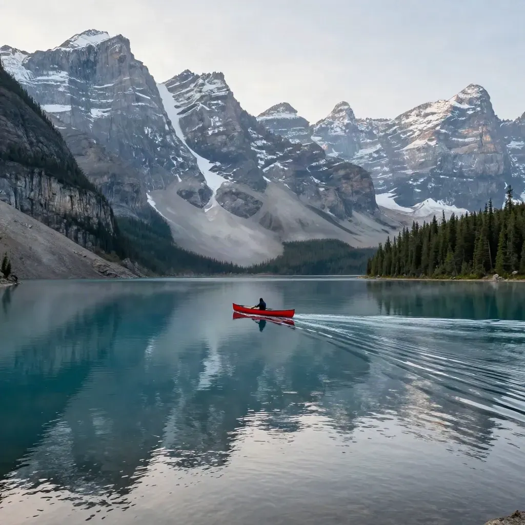Empty canoe gliding on Lake Louise with Ten Peaks reflected behind