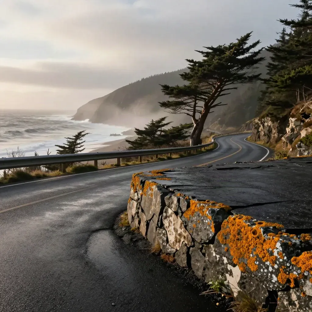 Wet Cabot Trail pull-off above the Atlantic with sea spray, spruce, and cliffside road