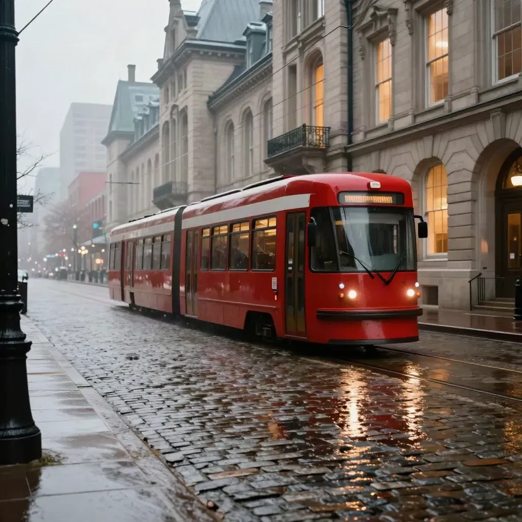 Wet Toronto streetcar blurs past museum windows on rain-slick cobblestones.