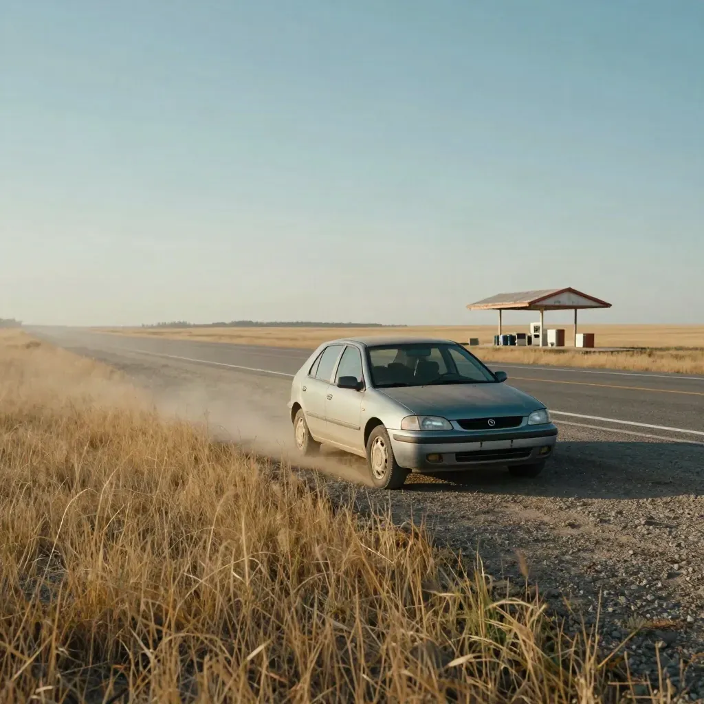 Parked compact car at a prairie highway stop with heat shimmer, dry grass and a distant fuel canopy.
