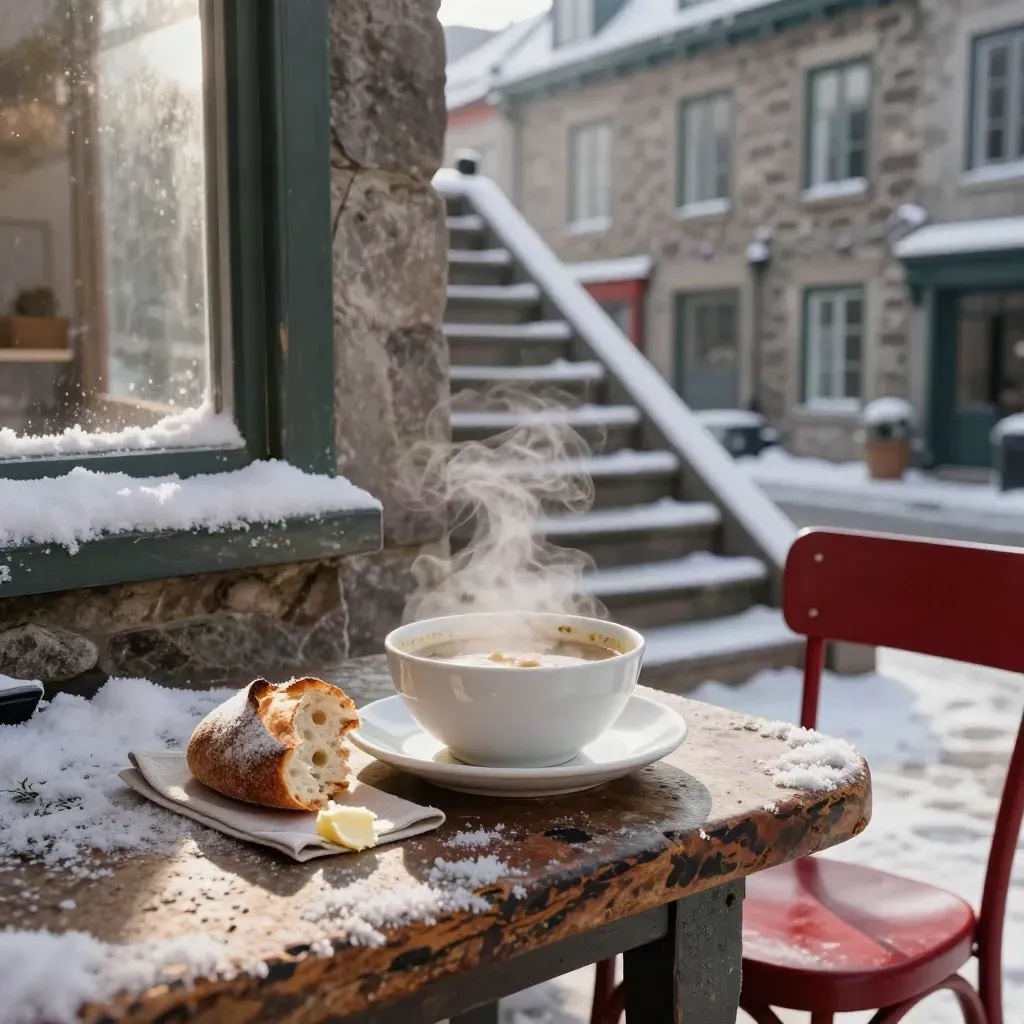 Steam rises from soup on a Quebec City stone stair, with snowy old façades and a maple-red chair.
