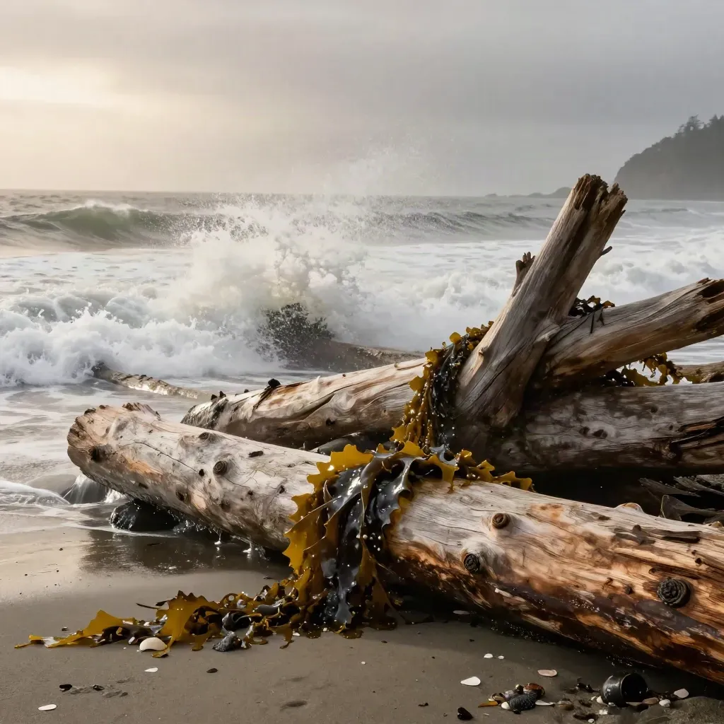 Storm surf blasts Tofino driftwood and a rain shell on a windswept beach.