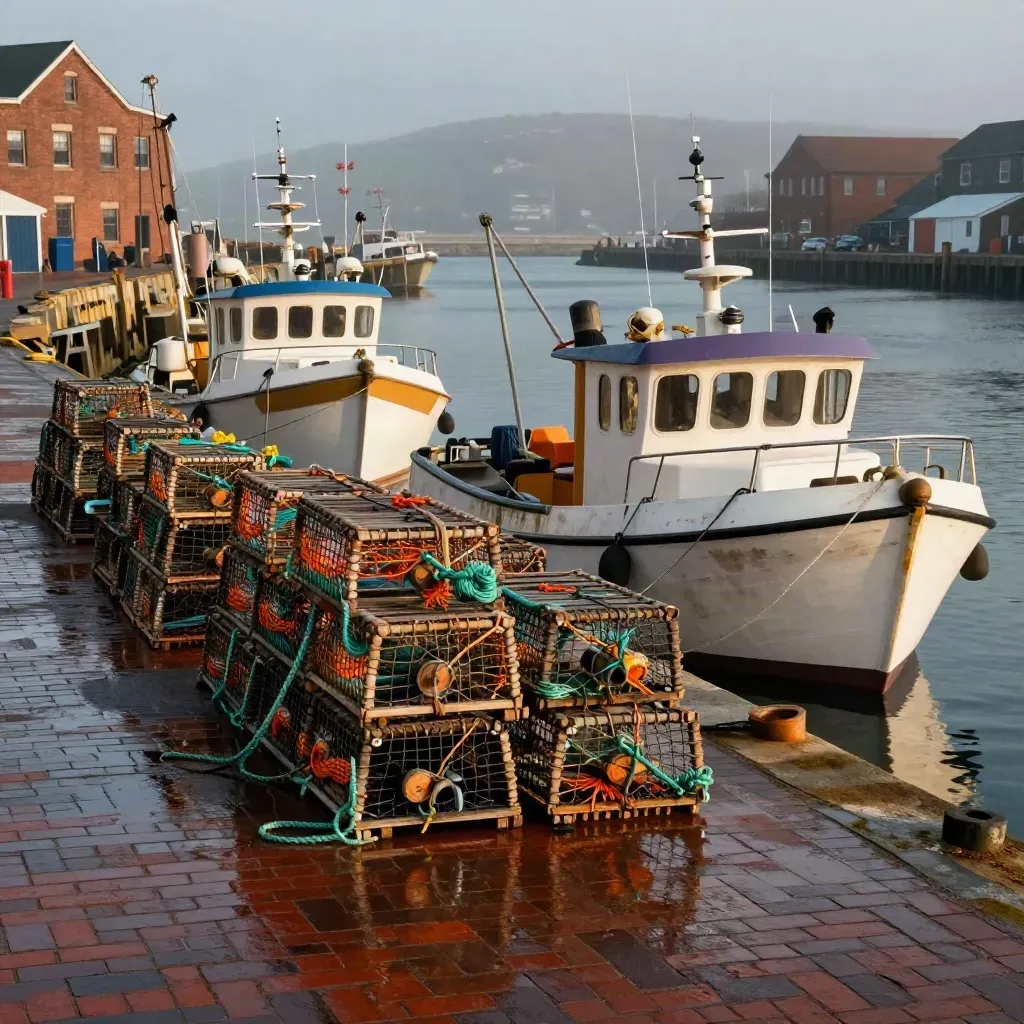 Halifax Harbor boats, lobster traps, and wet red-brick waterfront reflections in afternoon mist.