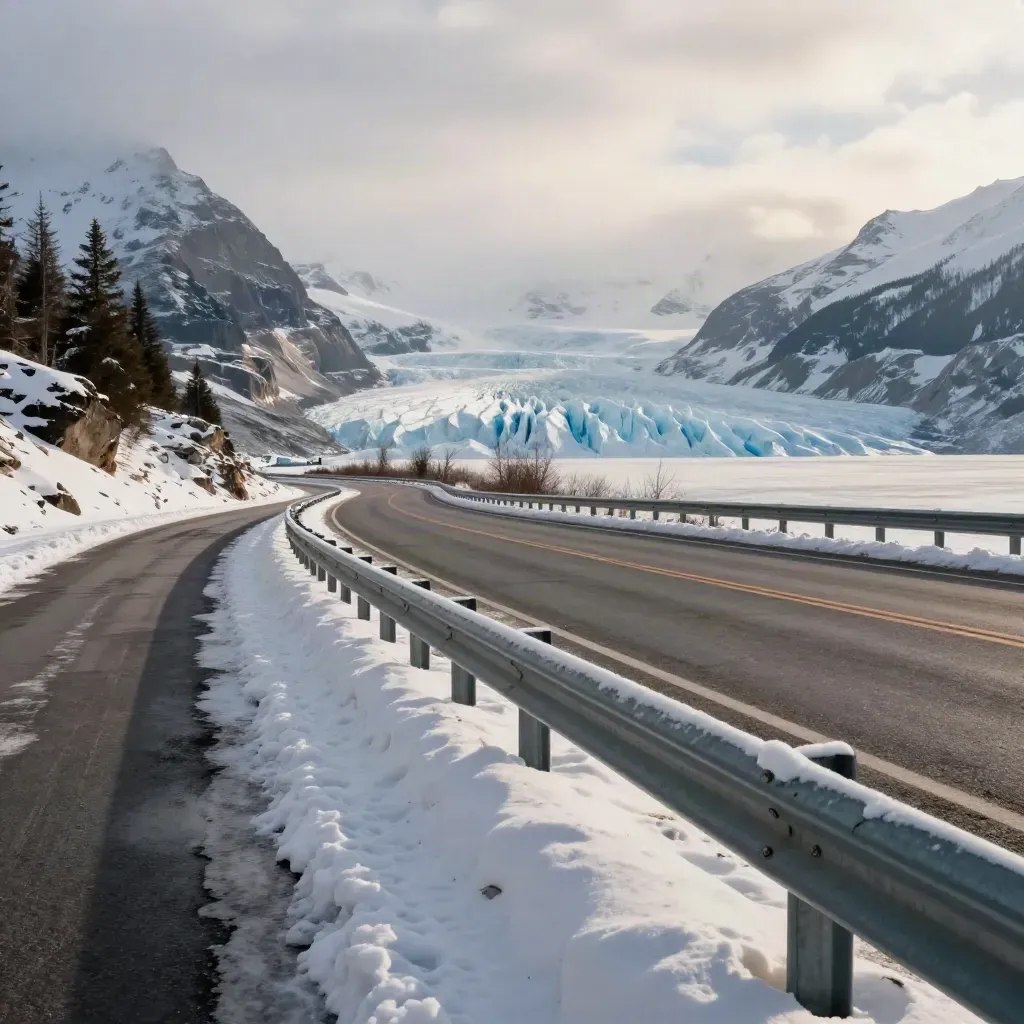 Glacier overlook on the Icefields Parkway with snow on the guardrail and blue ice beyond