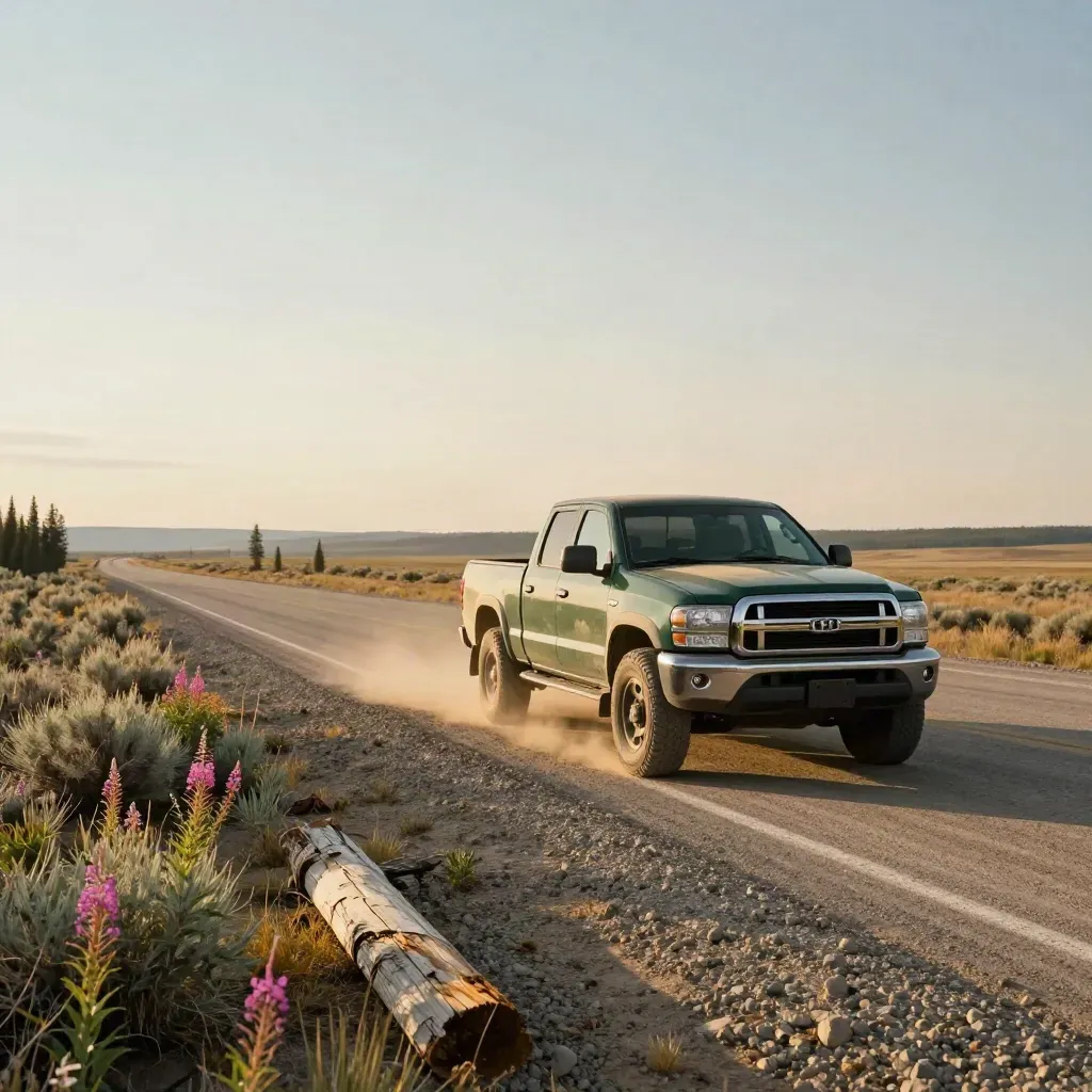 Parked green truck on a Yukon gravel pullout, fireweed at the verge, dust glowing under a huge evening sky