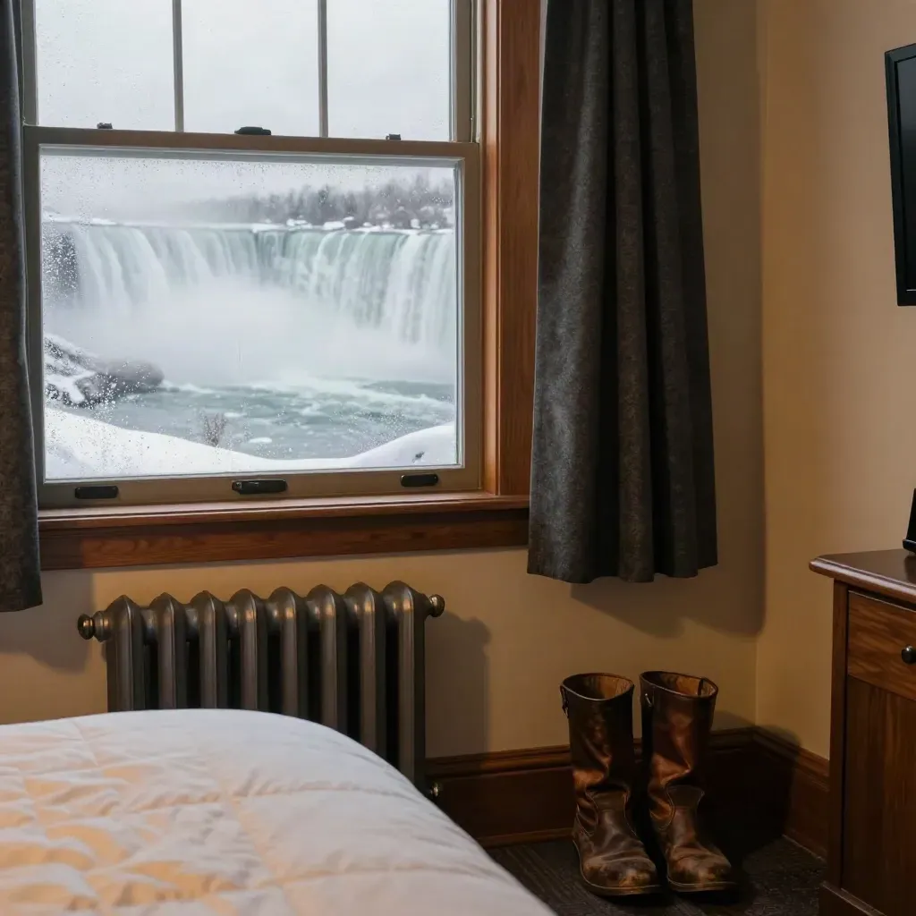 Niagara hotel room window with falls mist, boots by a radiator, and a cropped bed edge.
