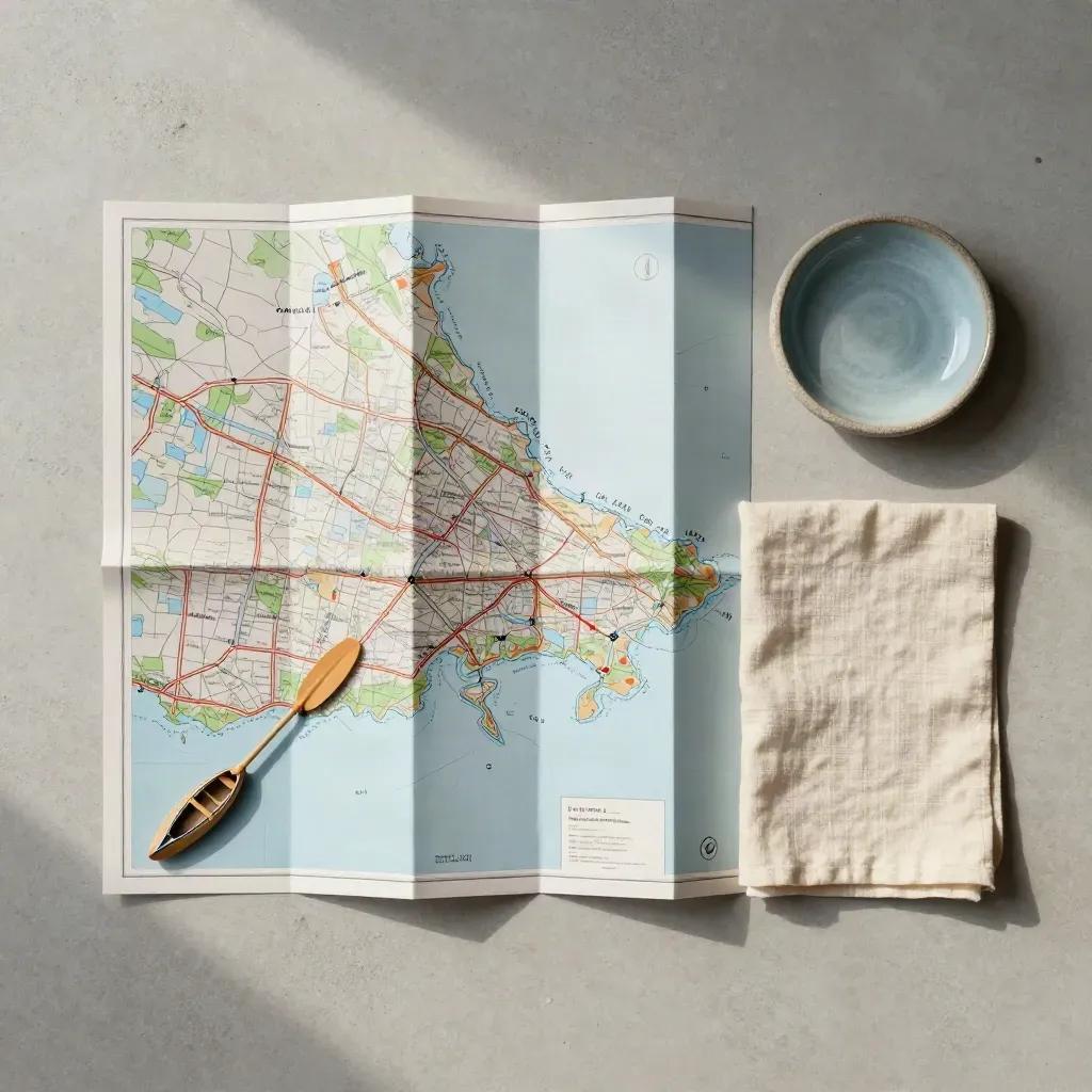 Overhead flatlay of Ontario map, canoe charm, linen, and stone dish on concrete