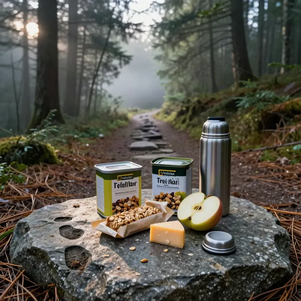 Trail snacks on a stone beside boot prints at a misty Whistler junction.