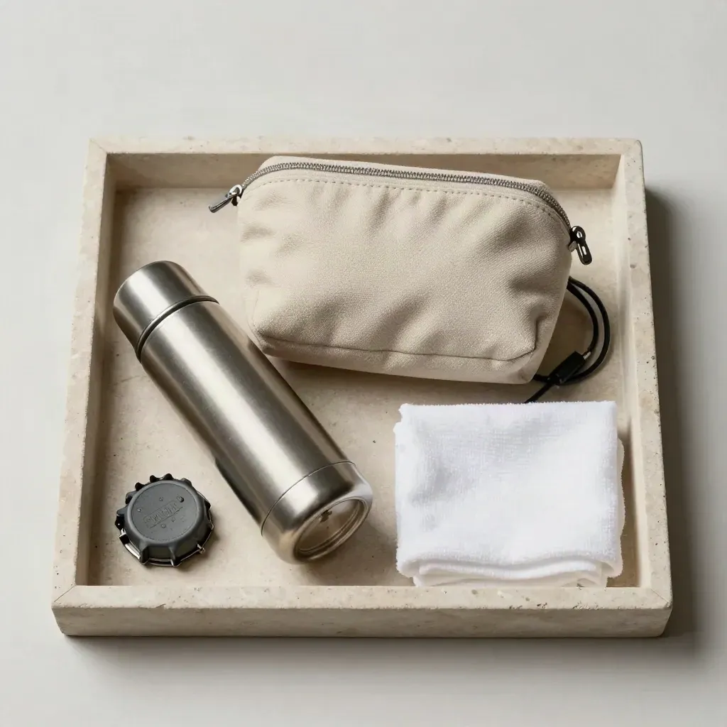 Roadside kit on stone tray with pouch, thermos, fuel cap, cable, and white cloth