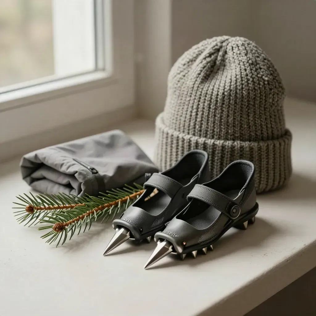 Microspikes, knit beanie, gaiter, and cedar sprig on pale plaster, softly lit