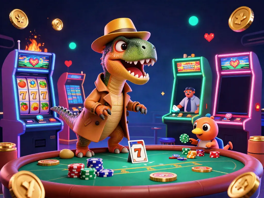 Sneaky velociraptor at a situs slot, amidst vibrant slot machines and suspicious pit boss.