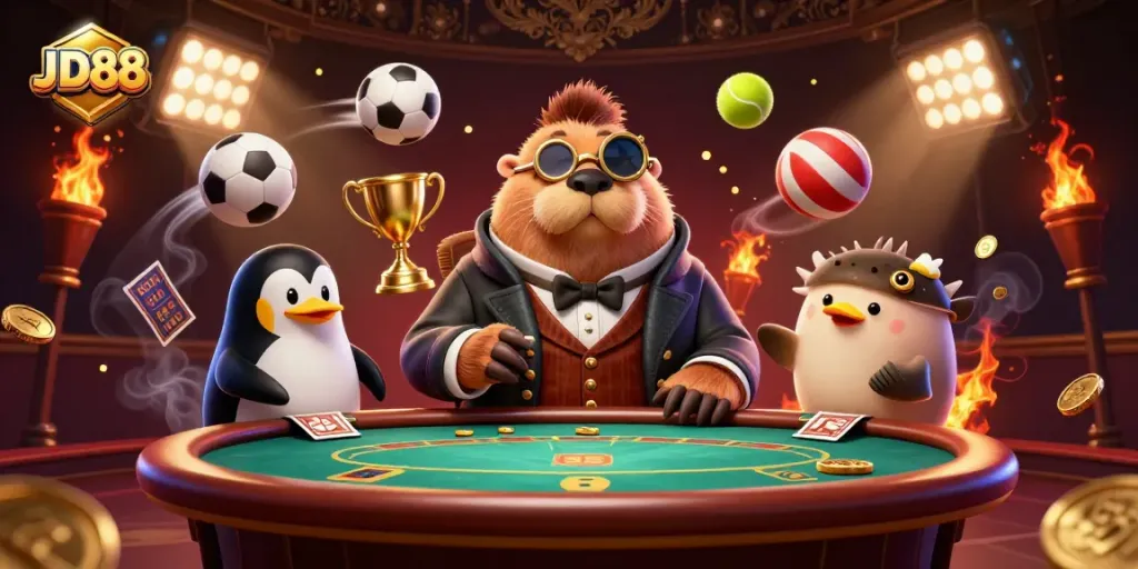 JD88 players bluffing at an underwater poker table with sports balls, capturing the thrill of gambling.