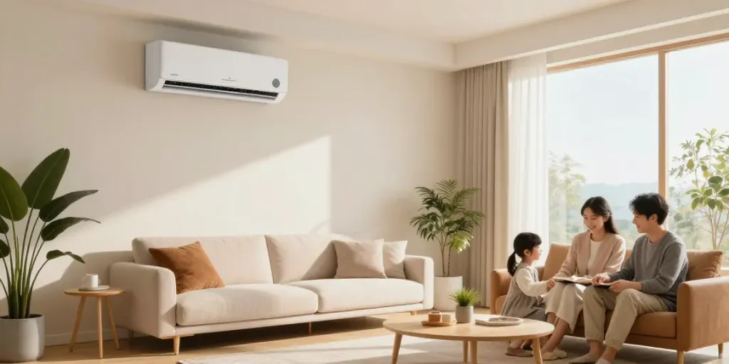 Family enjoying a relaxed moment in a living room with a mini split air conditioner providing comfort.