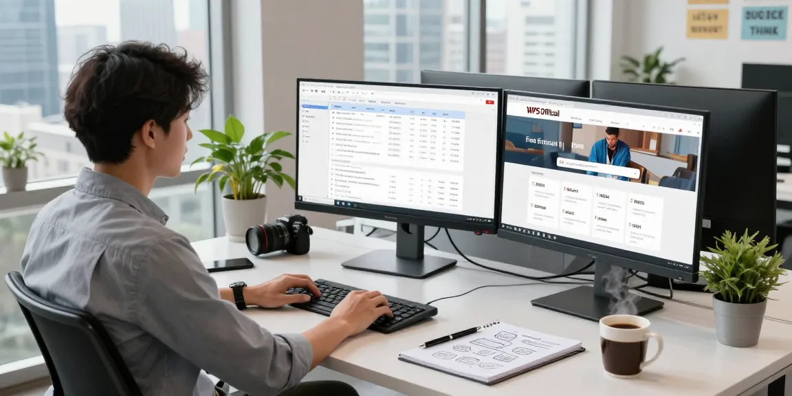 Professional workspace showcasing the WPS Official Website with dual monitors, plants, and a city view.